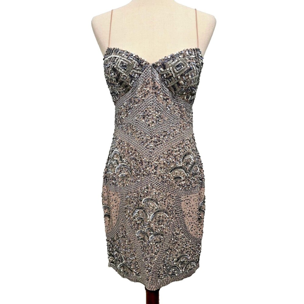 Aiden Mattox Silver Sequin Camisole Dress Size 6 Stone Lining Spaghetti Straps - Picture 2 of 16